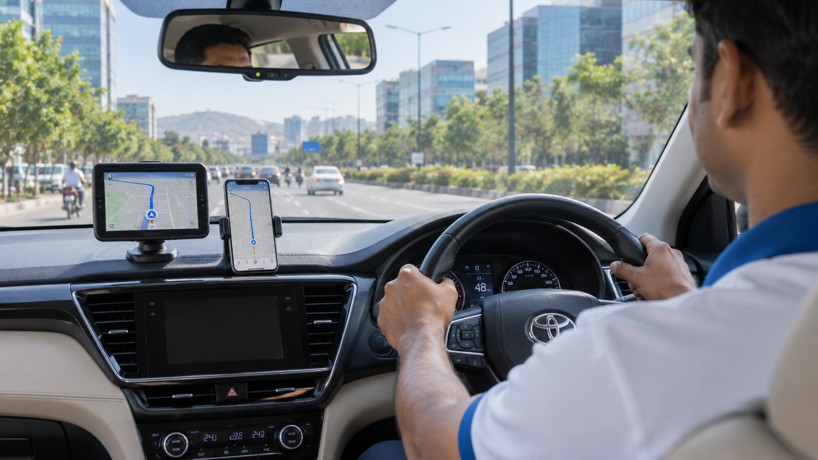 GPS on every vehicle, live trip tracking and an in-trip panic button — real-time visibility on every employee commute across Pune & PCMC.
