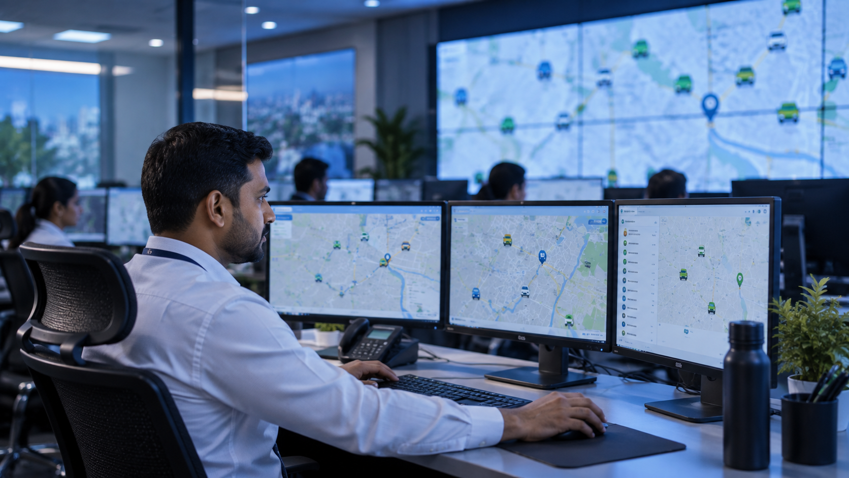 A round-the-clock operations control centre oversees every route — rapid response and reliable corporate employee transport, day and night.